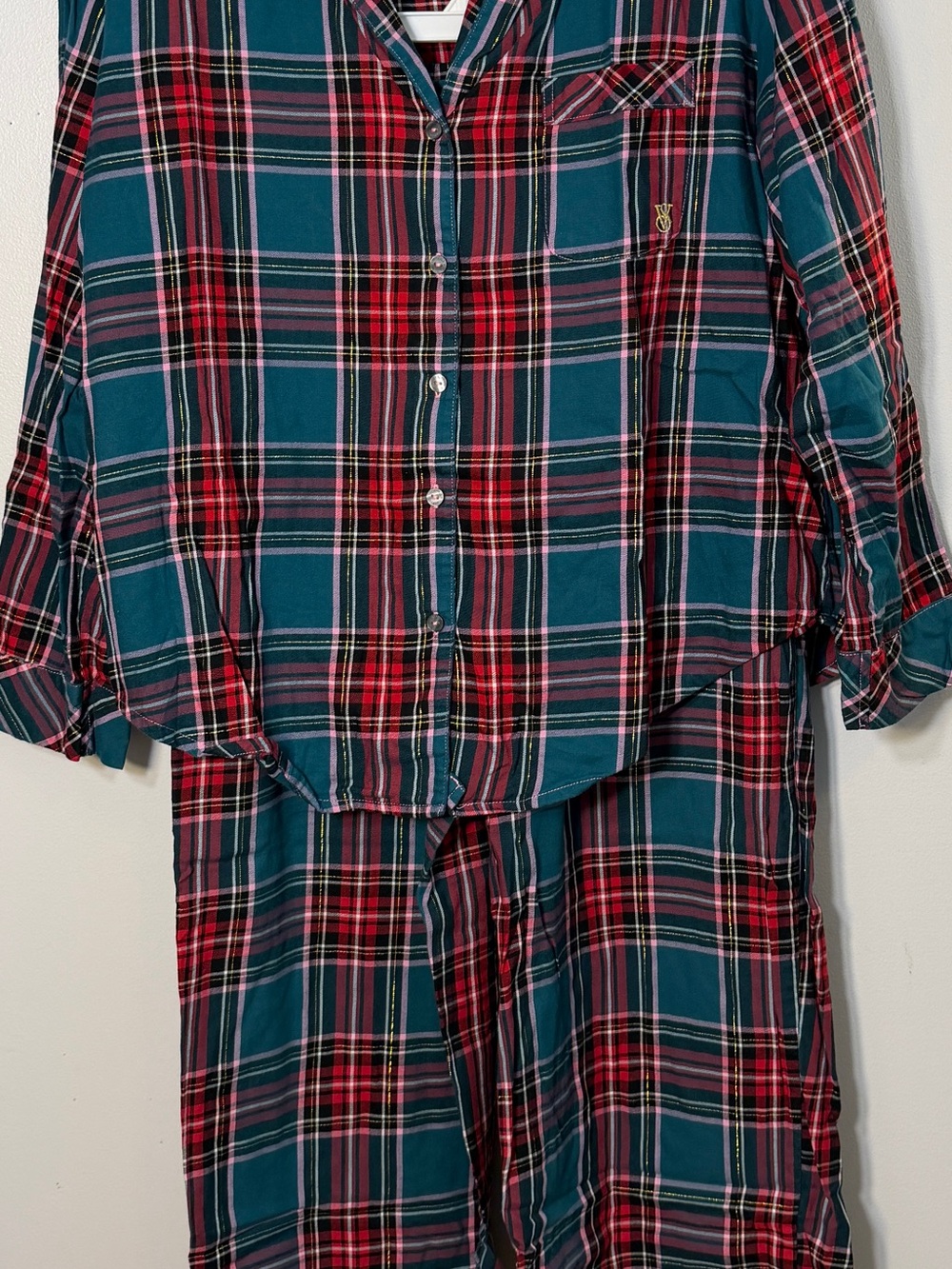 Victoria Secret plaid pajama set medium green red tartan holiday pjs flannel EUC